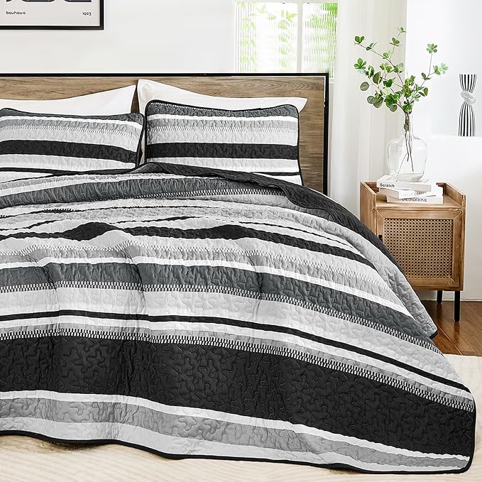 WONGS BEDDING Striped Quilts King Size Set, Black Lightweight Bedspread | Lightweight Microfiber Coverlet, Breathable All-Season, Machine Washable, 3-Piece Set 110"x90", Great for Men Boys Dorm Room