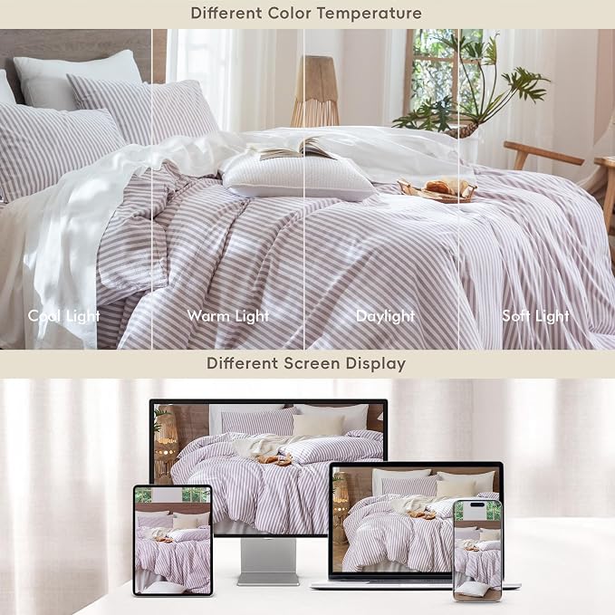 MooMee Striped Duvet Cover Set 100% Washed Cotton Linen Like Queen | Relaxed Linen-like Texture. Soft, Breathable & Long-lasting Comfort. Lightweight. Hidden Zipper with 8 Interior Corner Ties