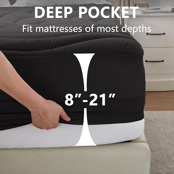 ELVEN HOME Queen Size Mattress Pad Waterproof, Pillow Top Cooling Mattress Topper Cover, Quilted Fitted Mattress Protector Washable, Deep Pocket 8-21" (60x80 inch, Black)
