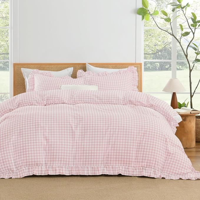 Andency Pink Gingham Duvet Cover King, Ruffle Shabby Chic Bedding Set 3 Pcs | Farmhouse Soft Pre-Washed Polyester Comforter Cover with Zipper Closure & Corner Ties, 104x90Inch