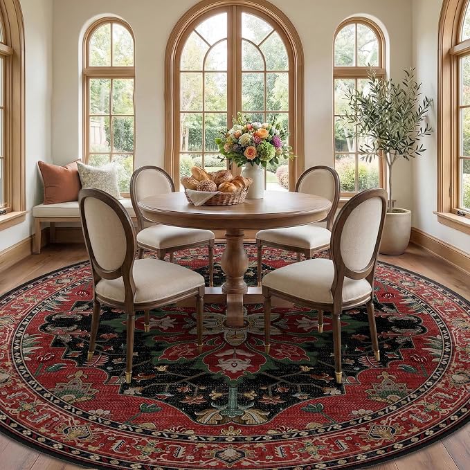 RELEANY Washable Area Rug, Round 10ft, Red/Black | Non-Slip, Water Repellent, Pet Friendly, Easy to Clean, Vintage Floral Boho Decor for Living Room Bedroom Dining Room
