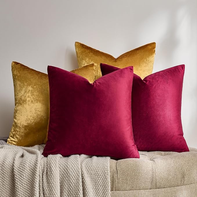 GIGIZAZA Pack of 4 Decorative Velvet Pillow Covers 18x18 Burgundy Gold | Throw Pillows for Couch Sofa,280gsm Soft Textured Fabric,Modern Accent Pillowcases,Luxury Living Room Cushion Covers