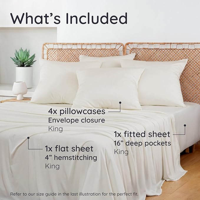 Bambaw King Sheet Set 6pcs – 100% Viscose Derived from Bamboo Sheets King Deep Pocket, Fits Up to 16'' with Elastic Corner Straps, King Cooling Sheets, Hotel Luxury Bed Sheets Set (Ivory)