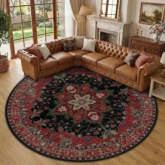 RELEANY Washable Area Rug, Round 10ft, Red/Black | Non-Slip, Water Repellent, Pet Friendly, Easy to Clean, Vintage Floral Boho Decor for Living Room Bedroom Dining Room