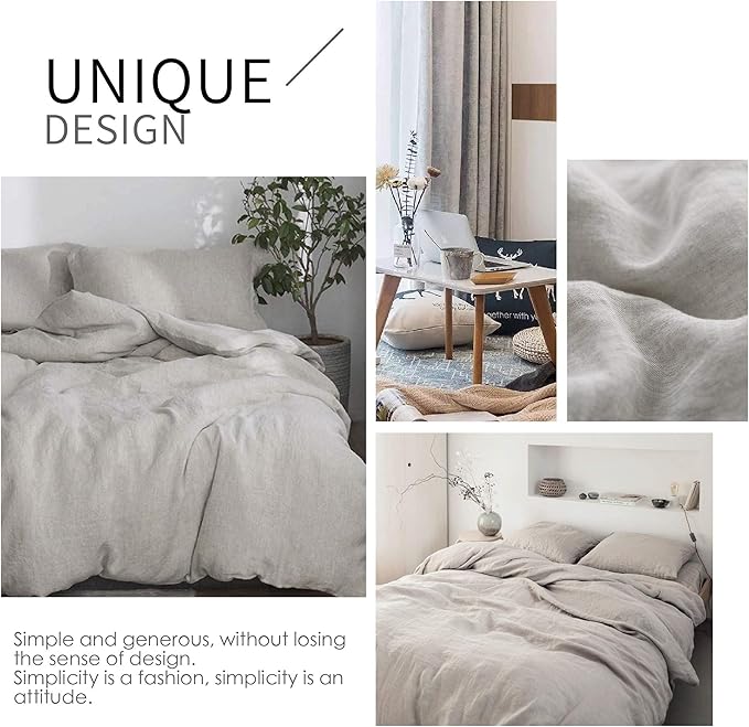 Simple&Opulence 100% Linen Duvet Cover Set 3pcs Basic Style Natural French Washed Flax Solid Color Soft Breathable Farmhouse Bedding with Button Closure - Linen, Full