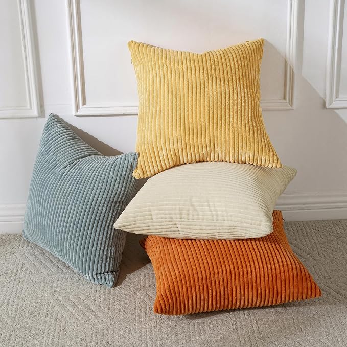 Volcanics Set of 4 Orange Teal Corduroy Couch Throw Pillow Covers 18x18 in | Decorative Modern Farmhouse Striped Cushion Cases, Soft Boho Square Accent Pillow Covers for Home Sofa