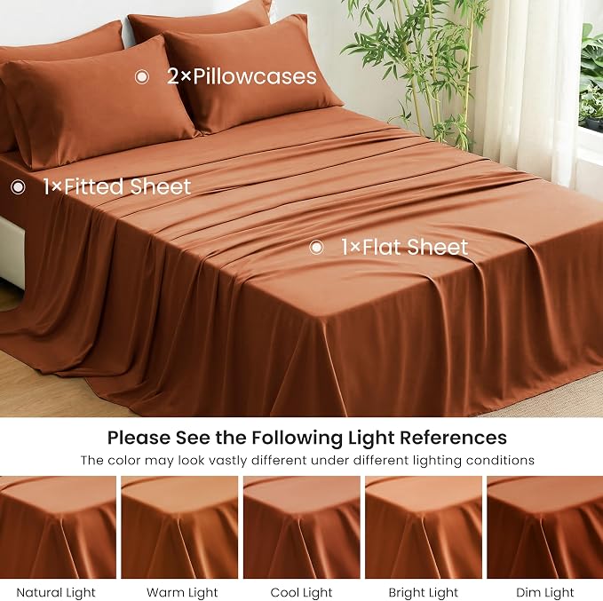 Love's cabin 4 Piece California King Size Sheet Set, 100% Rayon Derived from Bamboo, Cooling & Breathable, Soft Silky Deep Pocket up to 16", Hotel Luxury Bedding for Hot Sleepers, Burnt Orange