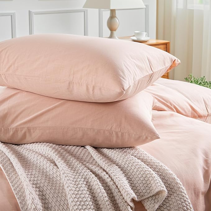 NEXHOME PRO Duvet Cover Set Twin Size Linen Feel Textured Organic Natural 100% Washed Cotton Duvet Cover 2 Pieces Bedding Set with Zipper Closure, Breathable, Dusty Pink(No Comforter)