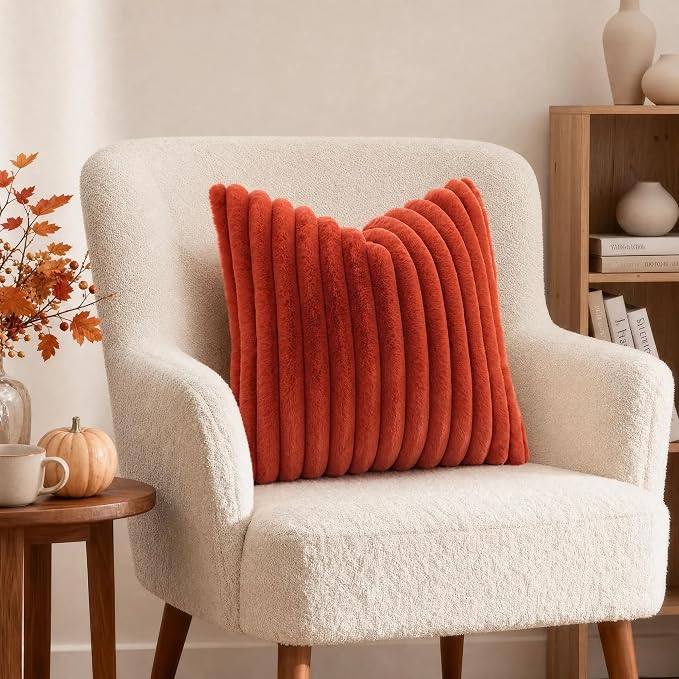 decorUhome Fall Faux Fur Throw Pillow Covers 16x16 Set of 2 Rust | Decorative Soft Cozy Striped Plush Modern Farmhouse Boho Couch Pillow Cases Velvet Back for Sofa Bed Living Room Home Decor