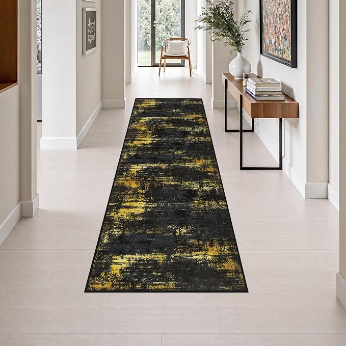 2.6x8 Washable Runner Rug：Modern Abstract Soft Carpet Black Gold | For Hallway, Bedroom, Kitchen, Laundry, Bathroom,Door Mat,Modern Abstract,Machine washable,Non-Slip,Stain Resistant,Indoor