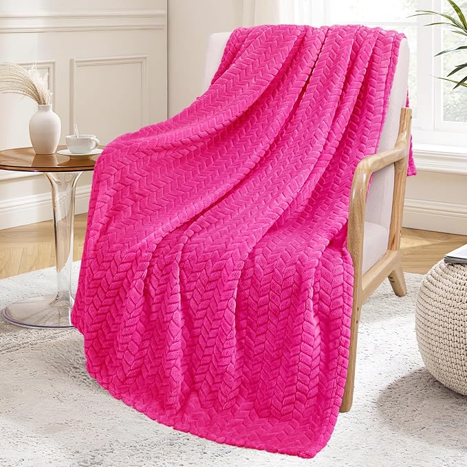 Exclusivo Mezcla Fleece Throw Blanket for Couch Sofa, 50”x70”, Hot Pink | Oversized Soft Cozy Fluffy Blankets for Summer, Decorative Plush Flannel Throws for Living Room, Bedroom with Leaves Pattern