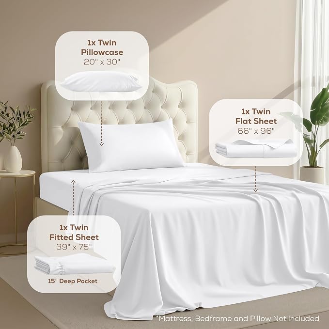 Twin Sheets Set, 3 Pieces 16" Deep Pocket Hotel Luxury Bed Sheets, White | Extra Soft Bedsheet Set, Comfy & Breathable Cooling Sheets, Wrinkle & Fade Resistant, Fitted Sheet, Flat Sheet, 1 Pillowcase