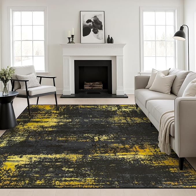 Area Rug Living Room: 6x6 Modern Washable Soft Carpet Black Gold | For Bedroom Dining Room Farmhouse Nursery Hallway Office,Modern Abstract,Machine washable,Non-Slip,Stain Resistant,Indoor