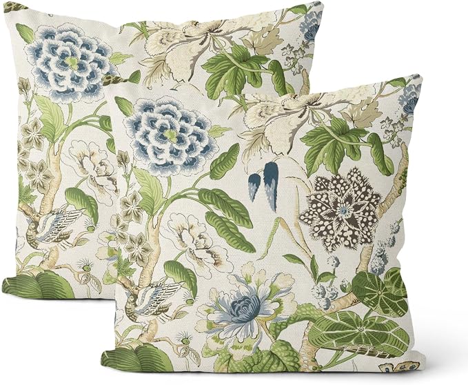 Sage Green Boho Pillow Covers 20x20 Inch 2 Pcs Blue Green Vintage Floral Bird Decor Throw Pillows Chinoiserie Flower Seasonal Outdoor Farmhouse Pillowcase Linen Cushion Cover for Couch Sofa