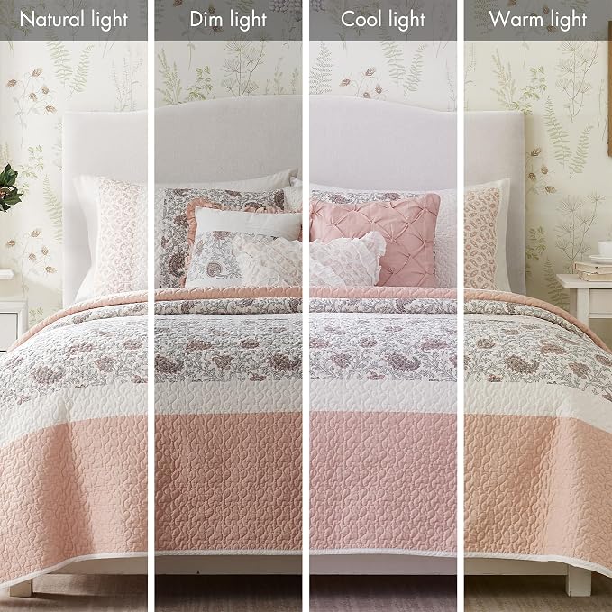 Madison Park Shabby Chic Cotton Quilt Set, 6PC Full/Queen Coverlet | Double-Sided Stitching Floral Design, All Season, with Shams, Bed Skirt, Decorative Pillows, Lightweight, Blush
