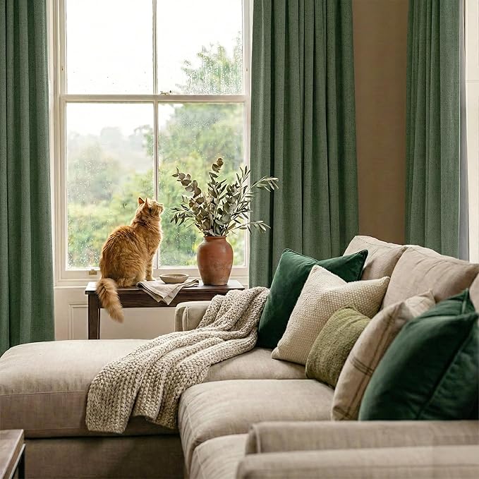 RYB HOME Olive Green 100% Blackout Linen Curtains 96 Inch Long for Office | Luxury Thermal Insulated,Room Darkening,Back Tab Rod Pocket,For Living Dining Room Bedroom Sliding Doors,W52 x L96,2 Panels