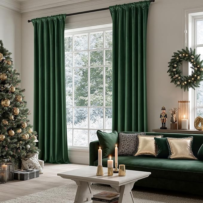 MIULEE Velvet Curtains 50W x 90L 2 Panels Hunter Green Blackout Curtains | Luxury velvet fabric, pinch pleat design, back tab hooks, thermal insulated, blackout light blocking, for living room bedroom