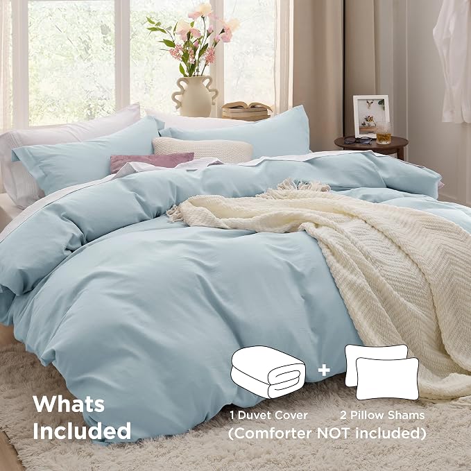 Bedsure Prewashed Duvet Cover Queen, Cotton-Like Bedding Set, Baby Blue | Ultra Soft, Relaxed Texture, Breathable Comfort, Hidden Zipper, 8 Corner Ties, Easy Care, OEKO-TEX Certified, Year-Round Use