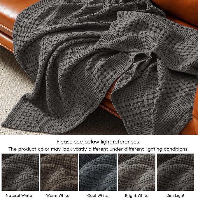 PHF Lightweight 100% Cotton Waffle Blanket for Bed, King, Charcoal Grey | Pre-Washed Soft Cotton Comfort, Breathable Layering Warmth for Fall & Winter, Bed, Sofa, Couch, Home Decor & Gifts