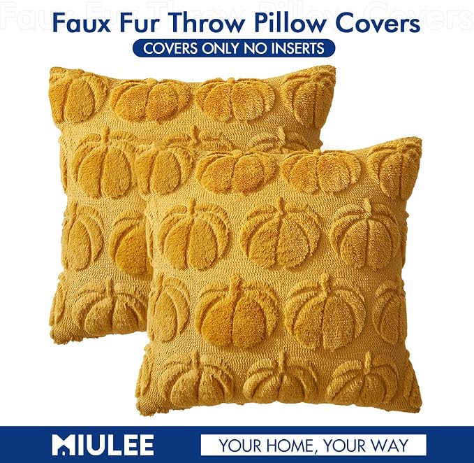 MIULEE Fall Pillow Covers Pumpkin Fall Decor 20x20 Mustard Yellow | Set of 2 Fall Decorations for Home, Plush Faux Fur Farmhouse Accent Pillowcases, Porch Sofa Couch Cushion Bed Livingroom
