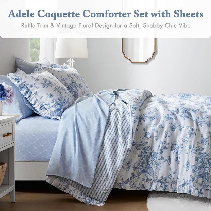 Madison Park Essentials Blue Floral Comforter Set with Sheets Full,7pc | Vintage, Ruffle Bed in a Bag, Reversible, Elegant Bedding Set, All Season, Machine Washable, Wrinkle Resistant, Ultra Soft