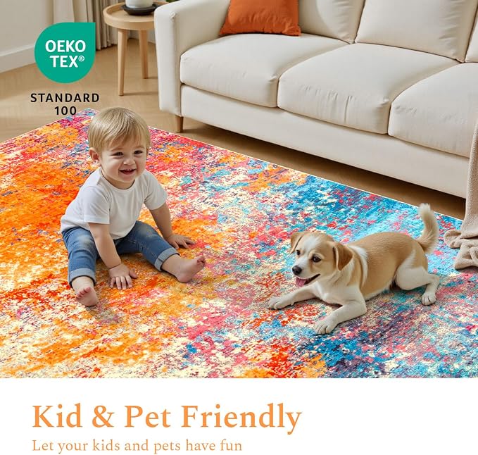 Rugflix 5x7 Area Rugs for Living Room, Washable Colorful Rainbow Large Rug | Machine Washable; Stain-Resistant; Low Pile; Non-Slip; Modern Abstract; Multi-colors Carpet for Nursery Girls Bedroom Home