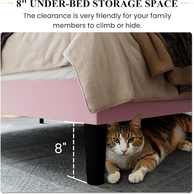 SHA CERLIN Full Size Velvet Bed Frame, Tufted Wingback Headboard, Pink | 47'' Modern Vertical Channel Headboard, Upholstered Platform Bed, Wood Slats, No Box Spring Needed, Easy Assembly, Noise Free