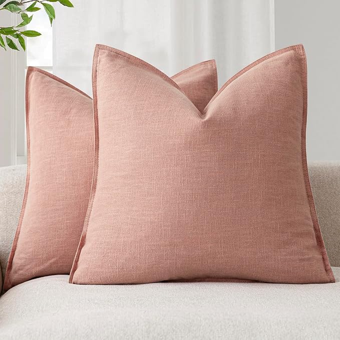 Foindtower Linen Solid Decorative Throw Pillow Covers 18x18 Inch Coral Pink | Pack of 2 Boho Farmhouse Neutral Pillowcase,Soft Euro Accent Cushion Covers,Home Decor for Bed Couch Sofa Bedroom Living Room