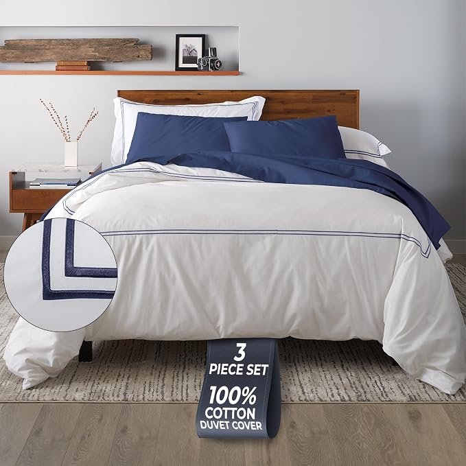Ella Jayne Duvet Cover Queen Size (3 Pieces), 100% Cotton Percale, Full/Queen, Soft, Breathable & Lightweight, Including Duvet Cover (1 Piece) 90 x 90 Inches with 2 Pillow Shams (Navy Design) | Queen Duvet Cover | Soft Cotton Percale Material | Breatha...