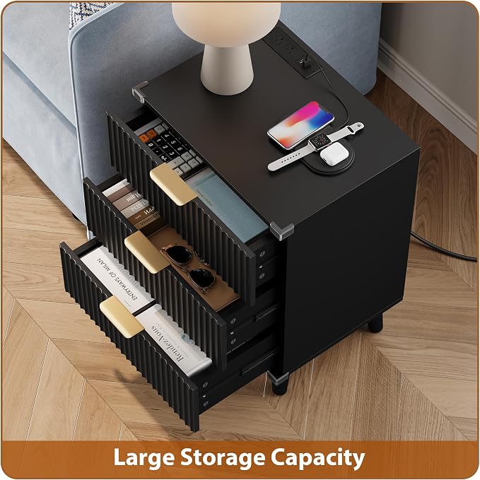Wood Nightstands Set of 2 w/Charging Station, 3 Drawers Fluted Dresser | Black, Large Drawers, Metal Silent Rails, FSC Wooden, Sturdy Legs, Modern Fluted Panel, Living Room, Bedside Table