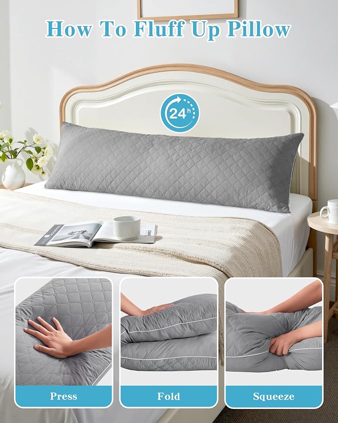 YZ HOME Long Body Pillow for Adults - Firm Body Pillow Insert | Body Pillow Insert with Shredded Memory Foam,Adjustable Height,Soft Support for Side Sleeper,Washable (Grey, 20x54'')