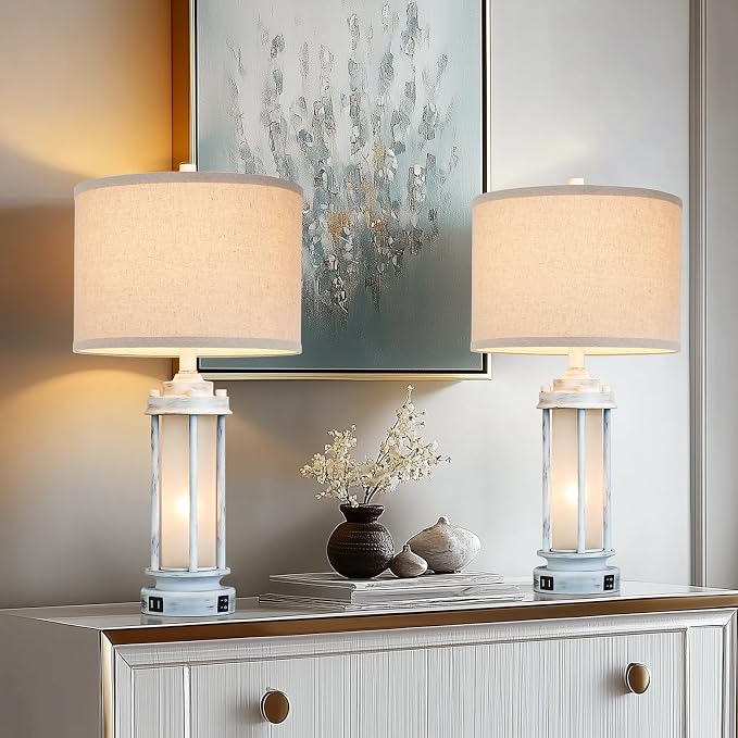 AIEAMPDO 25" Set of 2 Antique White Rustic Table Lamps 2 USB C+A Ports | Vintage Farmhouse Design With Glass Night Light. Nightstand Lamps For Living Room, Bedroom And Dorms, 4 Bulbs Included
