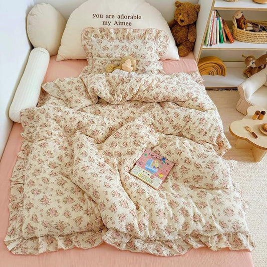 Girls Toddler Kids Duvet Cover Pink Floral Chic Duvet Covers with Ruffles Muslin Cotton Soft Comforter Cover, 47"x59", Soft Lightweight, Machine Wash, No Pillowcases/Comforter