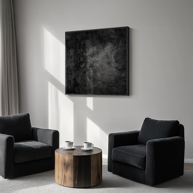 Framed Modern Black Abstract Square Wall Art Decor for Living Room, 30x30 | Minimalist, Canvas prints, Dark moody paintings, Black frame, Square pictures, Dining room, Bedroom, Office wall decor