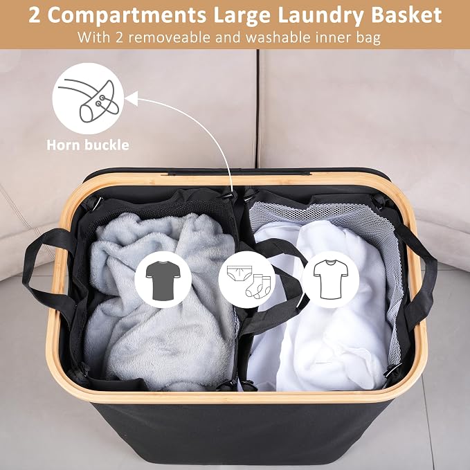 IEGrow Laundry Hamper with Lid,150L Laundry Basket with 2 Mesh Bags,Black | Dirty Clothes Hamper Basket with Bamboo Handle for Clothes Towels