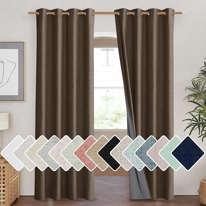 NICETOWN Coffee Blackout Curtains for Living Room 52" w x 84" L 2 Panels | Room Darkening Vintage Linen Thermal Insulated Curtains, Noise Reducing Window Treatment Drapes for Hall Room Home Decor