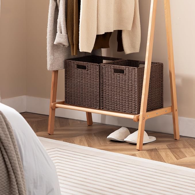 UBBCARE 3 Pack Wicker Basket, 11L×11H×10.5W inch Woven Paper Rope Storage Baskets for Shelves, Foldable Cube Storage bin with Handle, Storage Basket for Organizing & Decor, Brown
