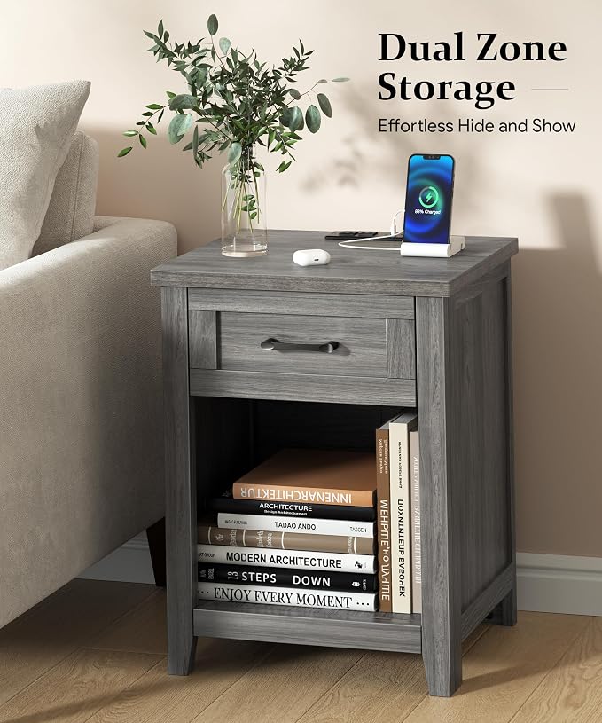 Decofy Farmhouse Nightstand with Charging Station & Large Storage, Set of 2 Modern End Tables with Outlets, USB Ports and Type-C Ports, Easy Assembly for Bedroom(Grey Oak)