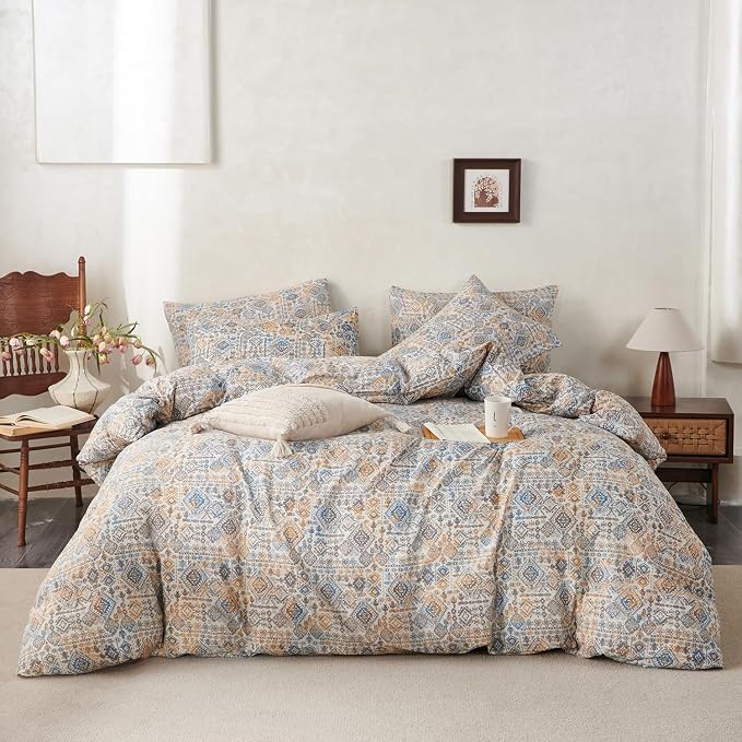 King Comforter Set Boho Soft 3 Pieces Chic Retro Boho Print Bohemian Comforter for All Seasons Luxury Warmth Comfy Breathable with 2 Pillowcases
