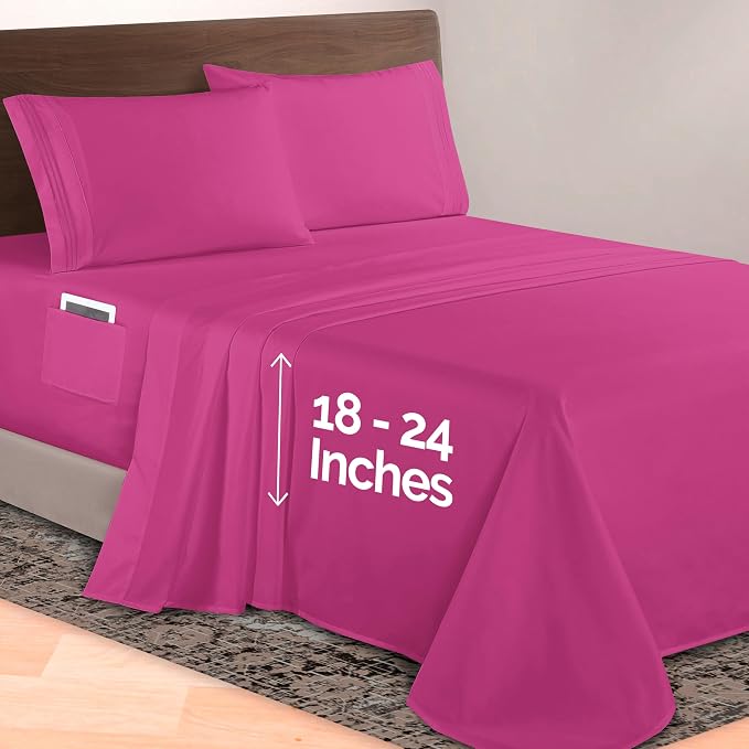 Elegant Comfort Luxurious 1500 Premium Hotel Quality Microfiber 4-Piece Sheet Set, 18-24 Inches Deep - Extra Deep Pocket Sheets - Ultra Soft 4PC Deep Pocket Sheets, California King, Hot Pink