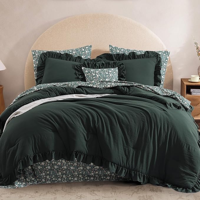 California King Comforter Set-7 Pieces Ruffle Bedding | Green Bed in a Bag, Soft Lightweight All Season Farmhouse King Size Bedding Sets with Floral Sheets, Pillowcases & Shams