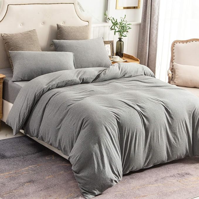 PURE ERA Jersey Knit Sheet Set Heather Dark Grey Queen | 100% Cotton, 3 Piece Set, T Shirt Soft, Breathable, Envelope Closure Pillowcases, Hidden Zipper, 8 Ties, No Insert, Modern