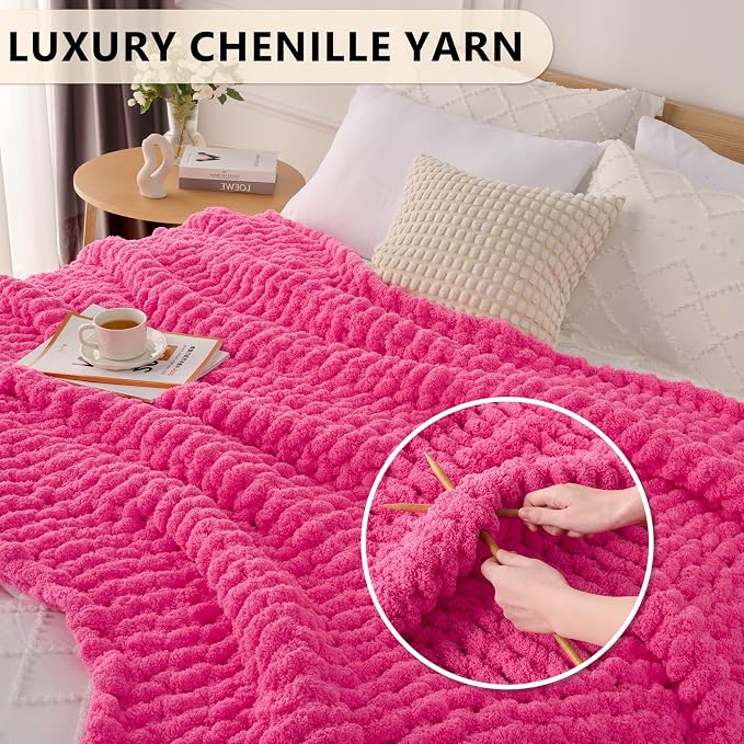 L'AGRATY Chunky Knit Throw Blanket for Couch, 50 x 60 Inches, Hot Pink | Handmade Chenille Crochet Blanket for Sofa Bed, Thick Cable Knitted Blankets for Room Home Decor, Birthday Gift for Women Mom