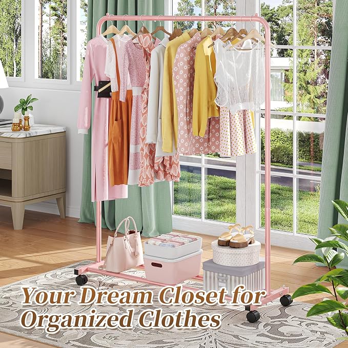 Simple Trending Clothes Clothing Garment Rack, Clothes Organizer, Pink | Storage Shelves, 360° Lockable Wheels, Anti-Slip Stoppers, Bedroom, Laundry Room
