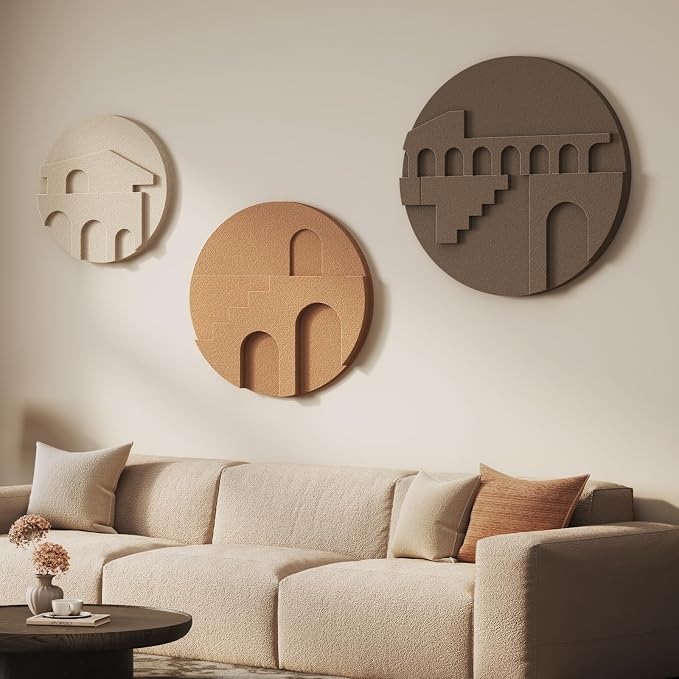 3D Textured Round Neutral Abstract Boho Wall Art for Living Room, 3 Piece | Modern Minimalist Geometric Sculpture Artwork for Walls, Bohemia Earth Tone Paintings, Bedroom Dining Room Office Wall Decor
