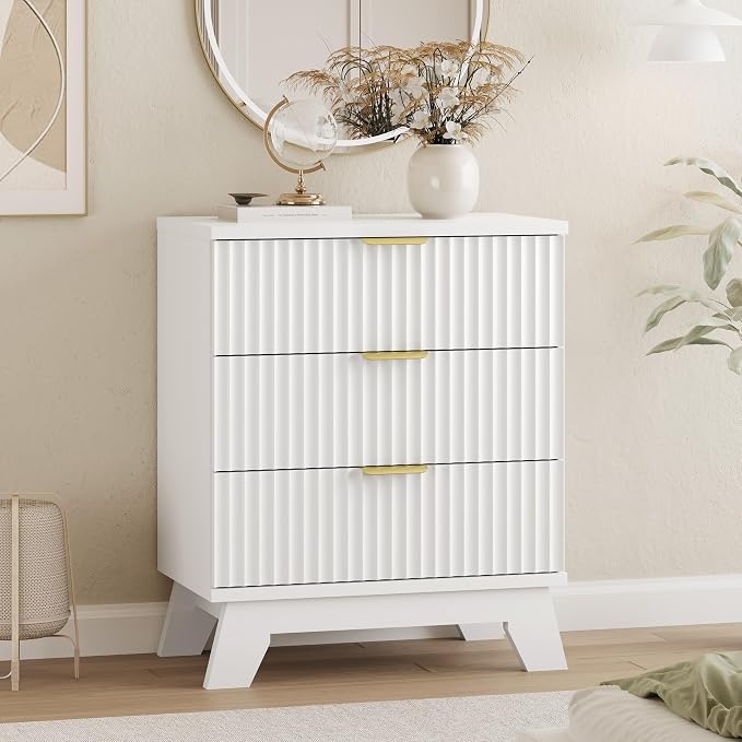 Fluted Dresser for Bedroom with 3 Drawers, 24" Wide Modern Chest of Drawers with Metal Handle, Wooden Dresser TV Stand, Wood Closet Clothes Storage Drawer Organizer for Living Room, Hallway, White