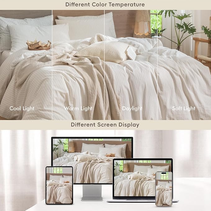 MooMee Striped Duvet Cover Set 100% Washed Cotton Linen Like | Relaxed Linen-like Texture. Soft, Breathable & Long-lasting Comfort. Lightweight. Hidden Zipper with 8 Interior Corner Ties