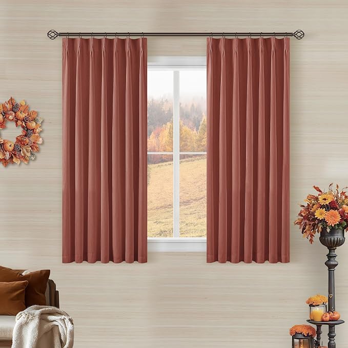 Firebrick Pinch Pleated Blackout Linen 45 Inch Curtains with Liner 2 Panels | Memory Trained, Thermal Insulated, UV Blocking, Noise Reducing, Room Darkening, 100% Black Out Short Curtains for Kitchen
