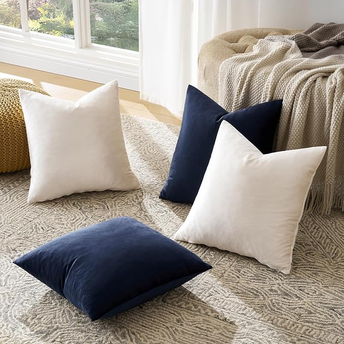 GIGIZAZA Pack of 4 Decorative Velvet Pillow Covers 18x18 Navy Beige | Throw Pillows for Couch Sofa,280gsm Soft Textured Fabric,Modern Accent Pillowcases,Luxury Living Room Cushion Covers