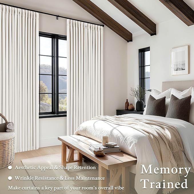 Ivory White Pinch Pleated Blackout Linen 92 Inch Bedroom Curtains 2 Panels | 100% Black Out, Thermal Insulated, Room Darkening, Off White Window Curtains Double Layer, Pinch Pleat Drapes for Living Room